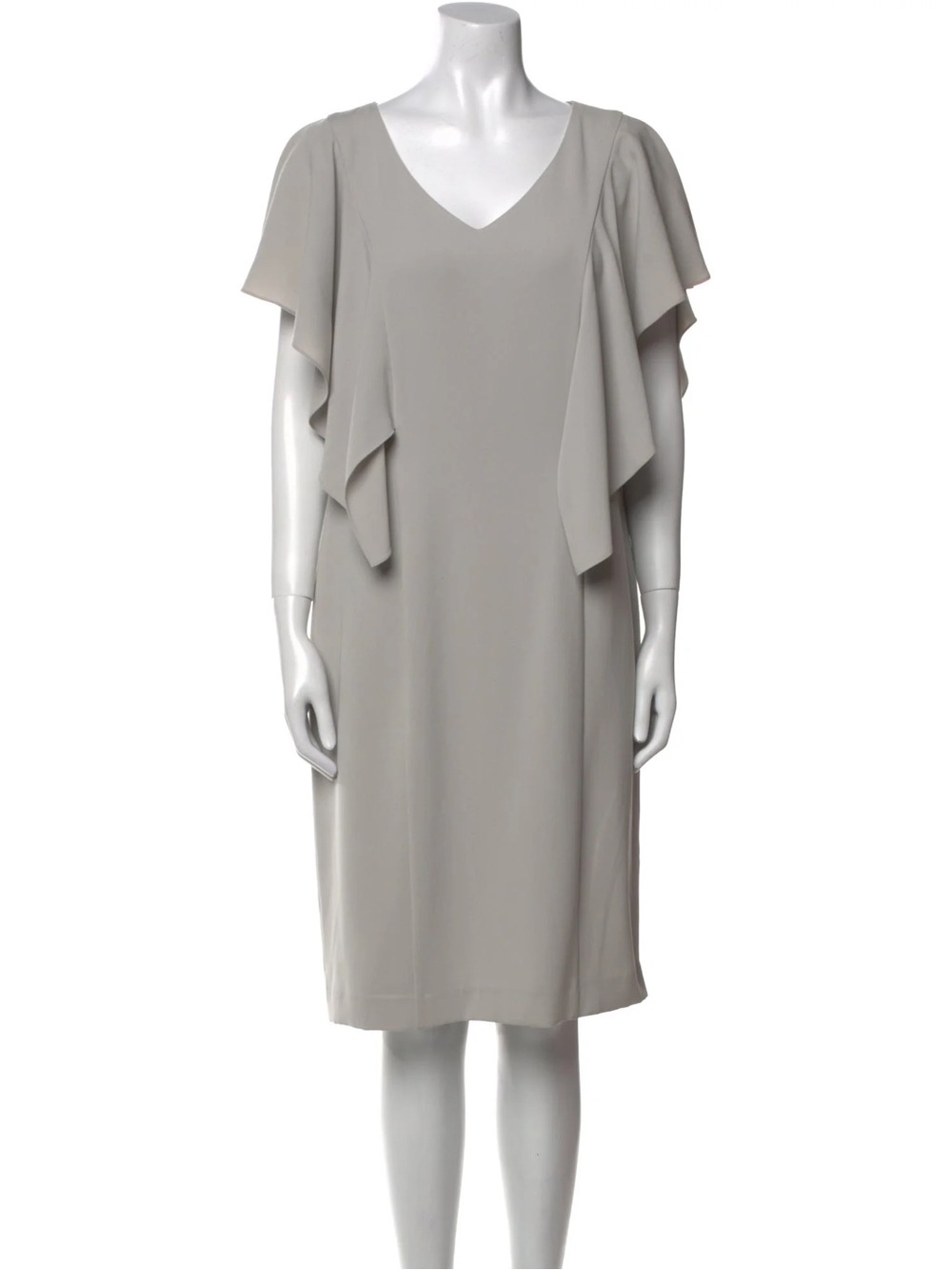 St. John Light Gray V-Neck Midi Dress with Cascade Sleeves